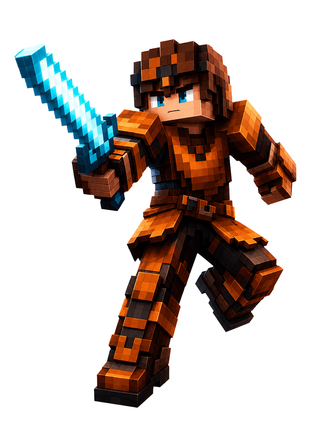 Voxel-style adventurer wearing armor and holding a crystal sword