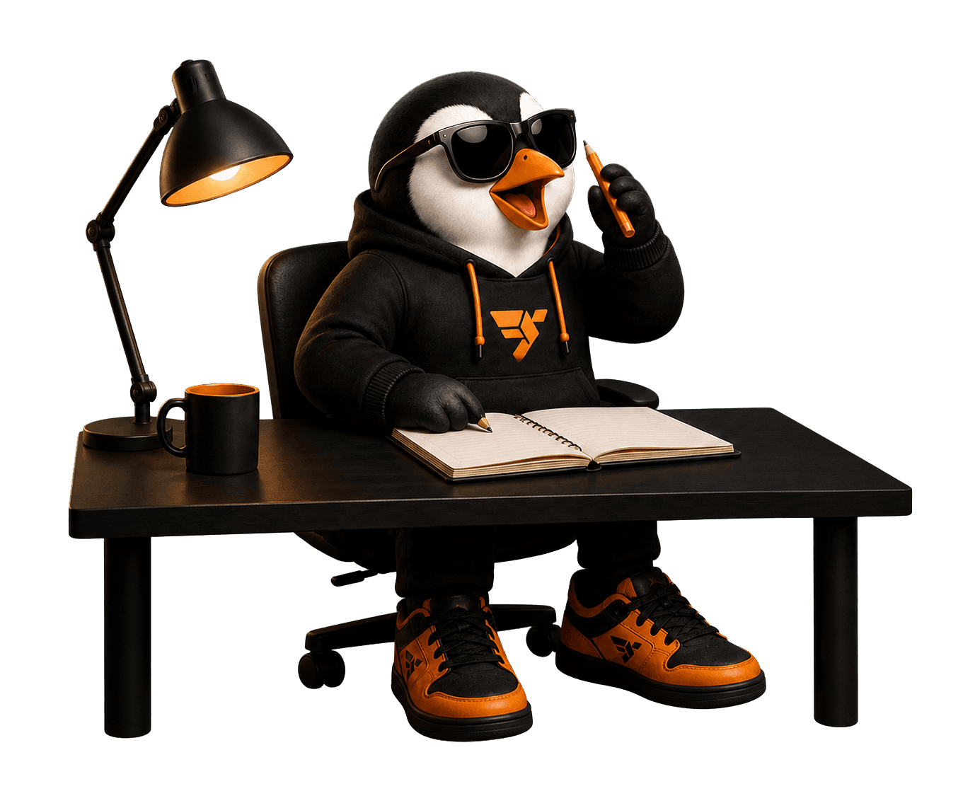 Monty wearing sunglasses and writing a new guide at his desk
