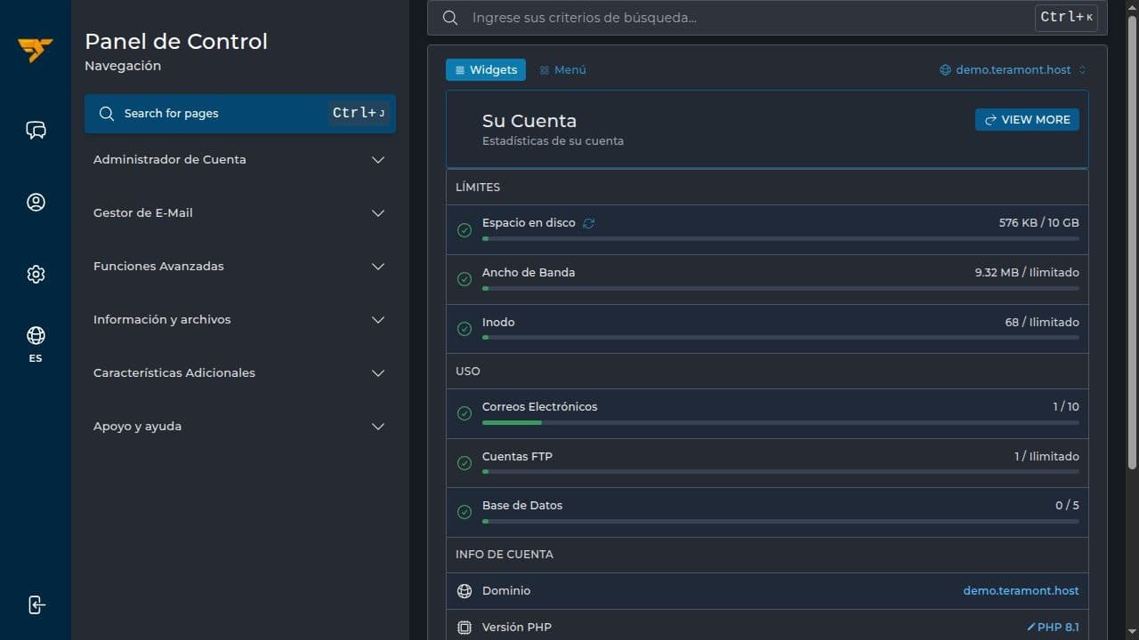 Real DirectAdmin dashboard at Teramont