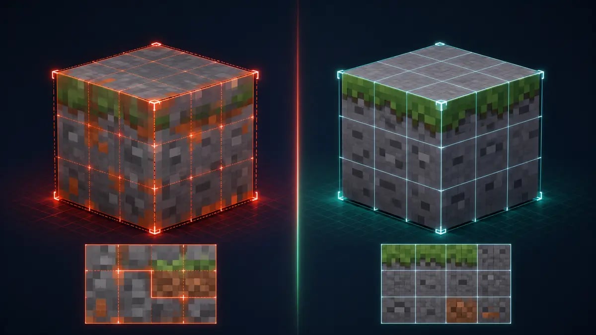 Illustrated comparison between texture bleeding at block edges and a correctly aligned UV texture