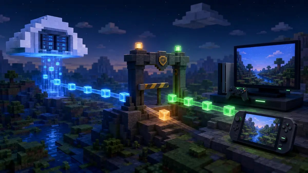 Illustration of a hotfix rolling out gradually from servers to a home console and a handheld device