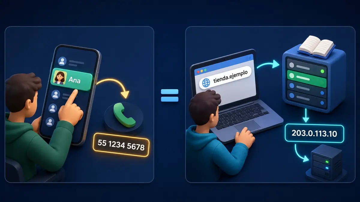 Visual analogy between selecting a contact by name and using DNS to turn a domain into an IP address