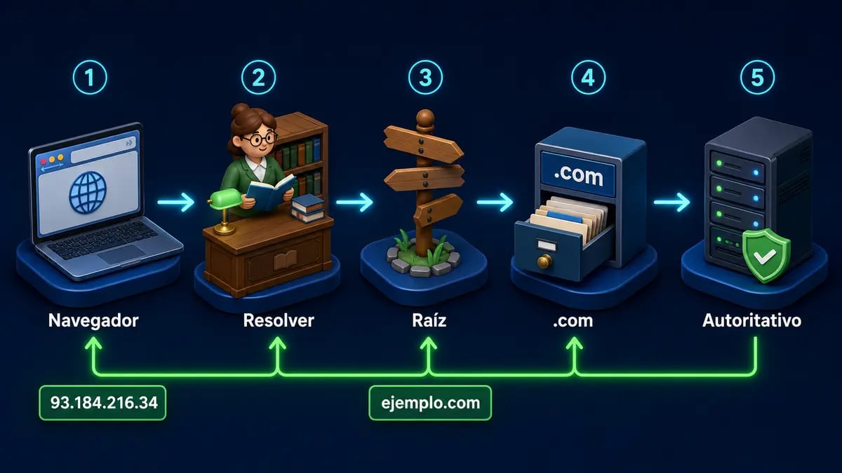 Illustrated journey of a DNS query from the browser to the authoritative server and back