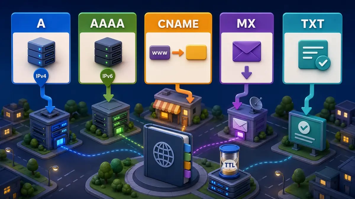 Educational illustration of A, AAAA, CNAME, MX, and TXT DNS records and the TTL cache time