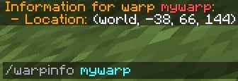 Official EssentialsX warpinfo command screenshot in Minecraft