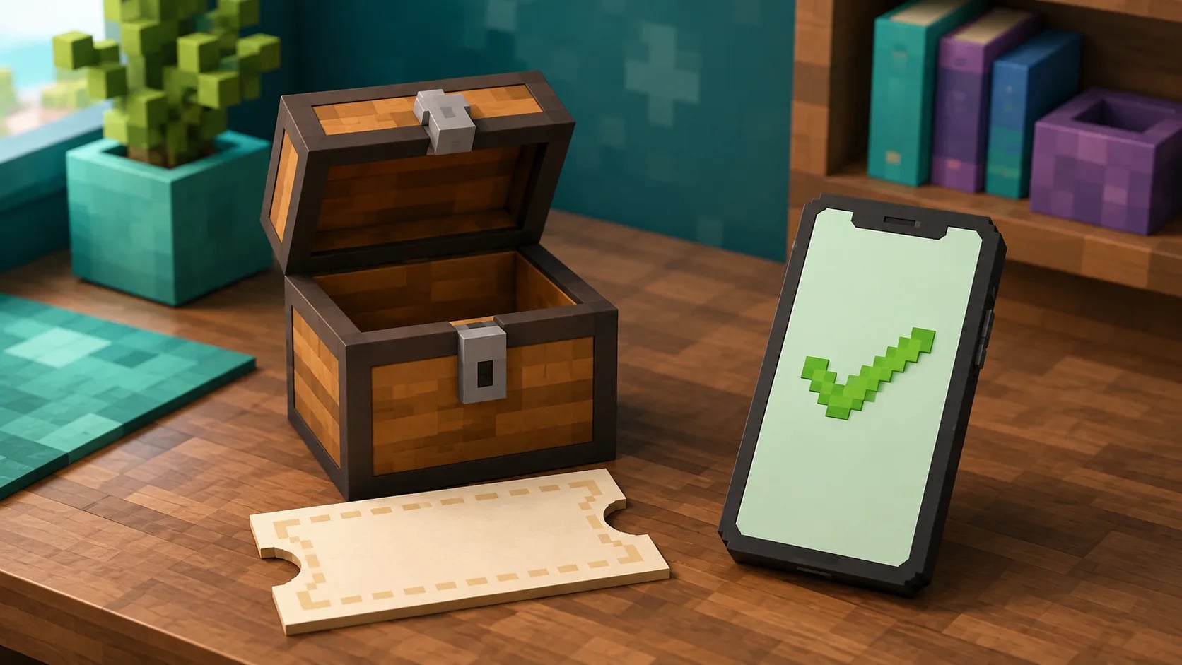 Concept illustration of a chest, a code, and a redemption confirmation