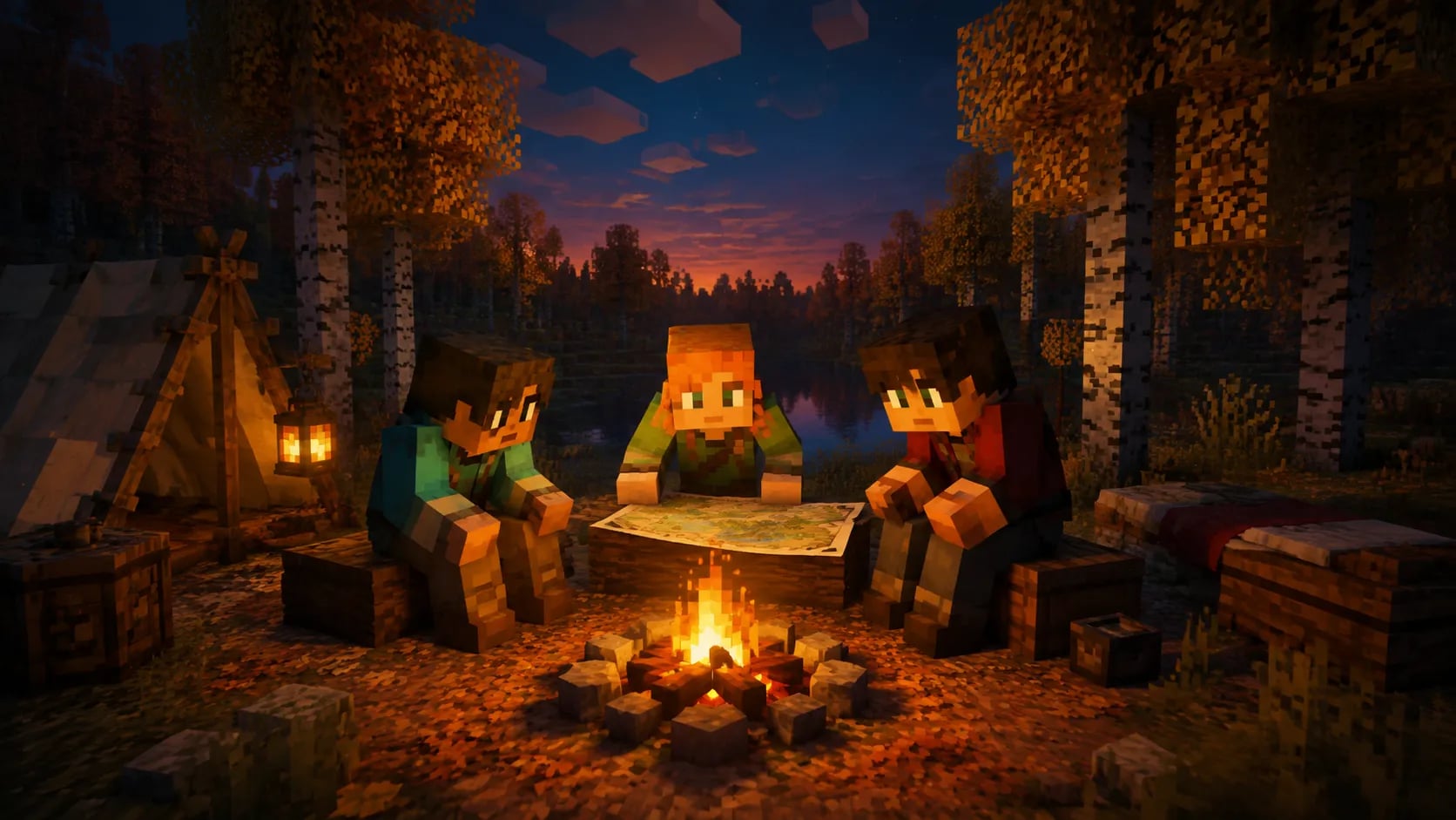 Concept illustration of a survival expedition planning a route beside a campfire